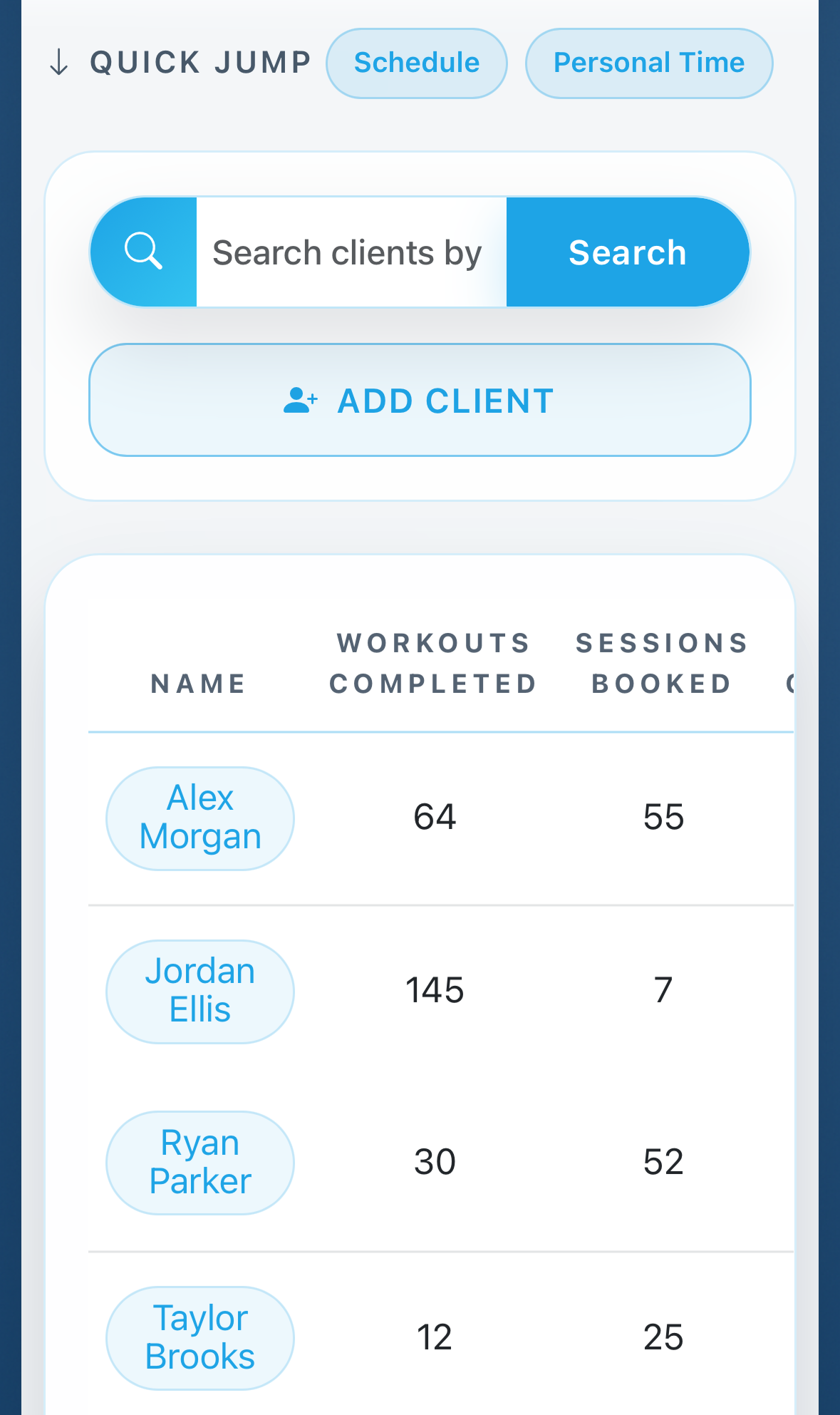 Calendar view showing the trainer scheduling interface